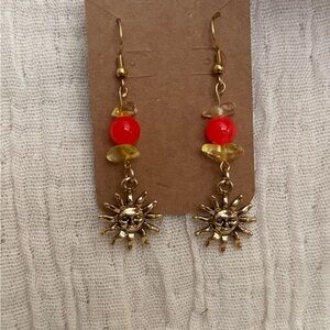 Gold Sun Charm Earrings with orange and Yellow Beads